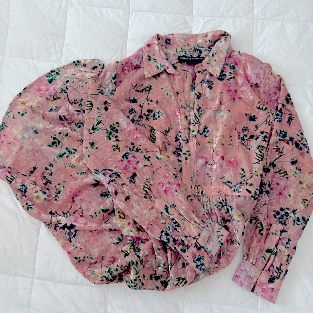 Hemant and Nandita velvet velour pink button down dress size small 4 6  collar